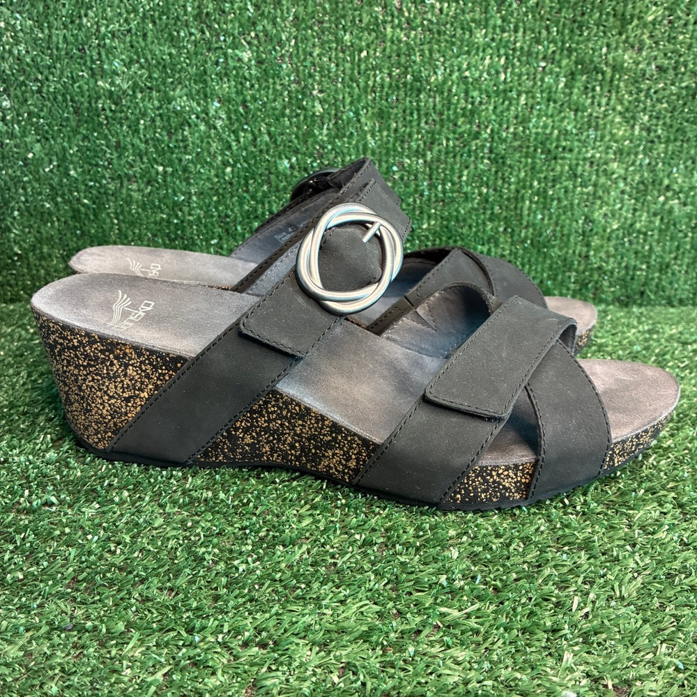 NEW Dansko Susie Cork Wedge Buckle Slide Comfort Sandals Black Womens Sz 11.5-12